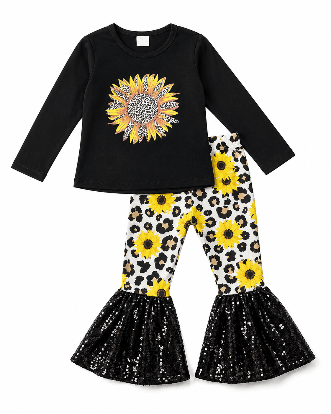 ILTEX Apparel Kids Clothing Sunflower Cheetah Black Sequin Bell Bottom Outfit Kids