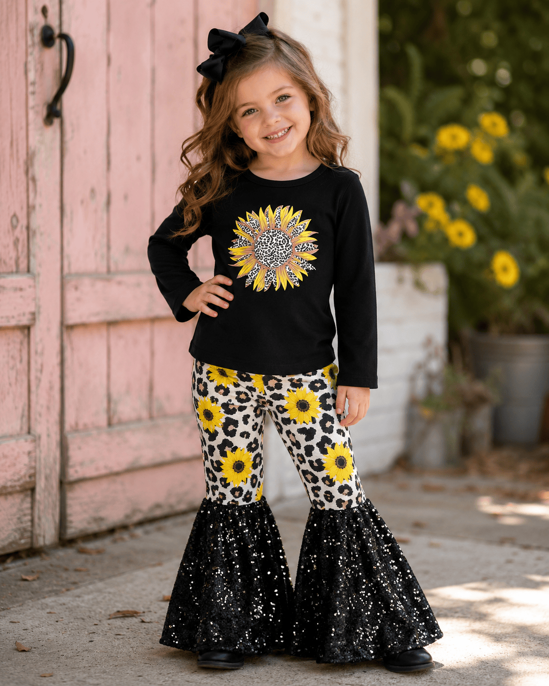 ILTEX Apparel Kids Clothing Sunflower Cheetah Black Sequin Bell Bottom Outfit Kids
