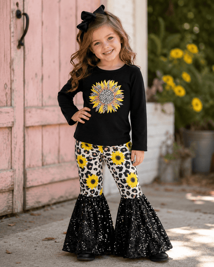 ILTEX Apparel Kids Clothing Sunflower Cheetah Black Sequin Bell Bottom Outfit Kids