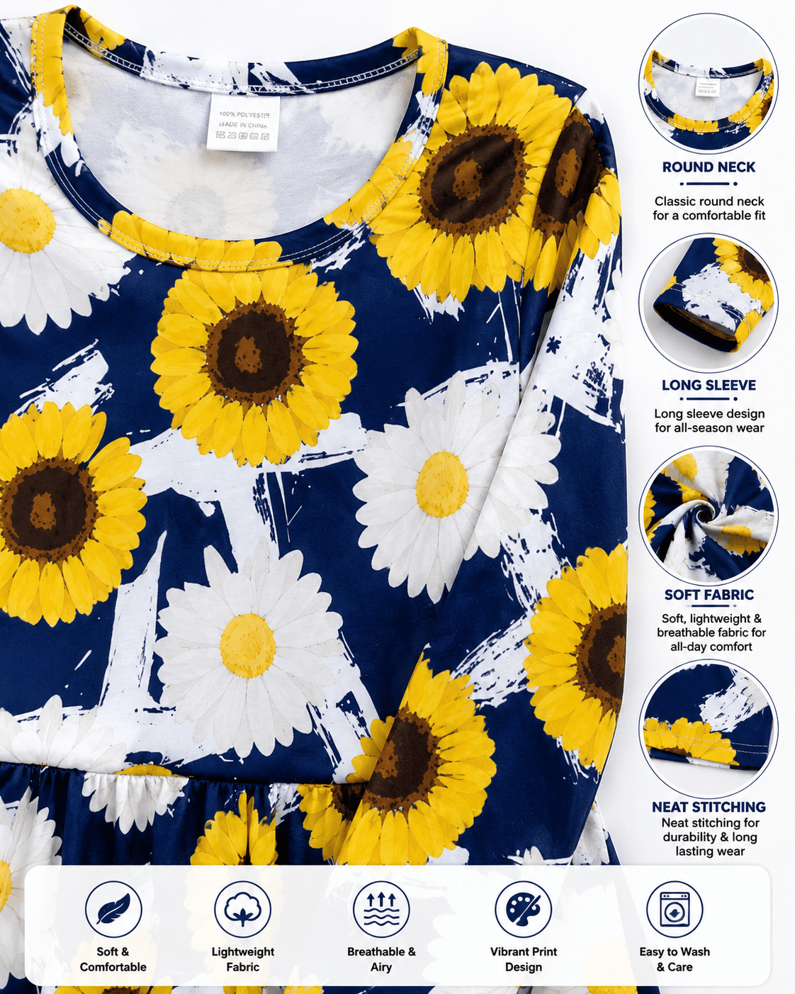 ILTEX Apparel Kids Clothing Sunflower Daisy Navy Dress Kids