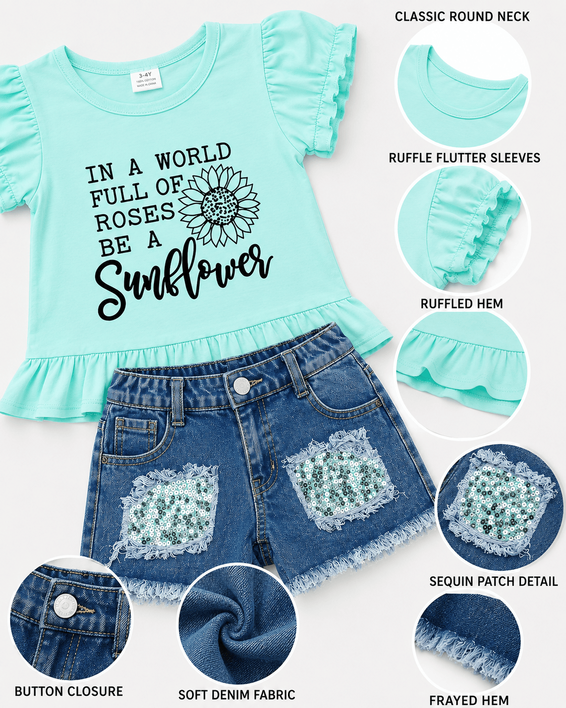 ILTEX Apparel Kids Clothing Sunflower Mint Denim Outfit