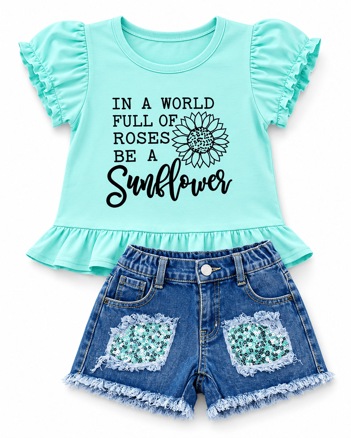 ILTEX Apparel Kids Clothing Sunflower Mint Denim Outfit