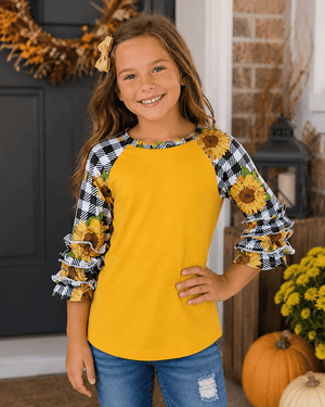 ILTEX Apparel Kids Clothing Sunflower Plaid Black White Ruffle Raglan Kids