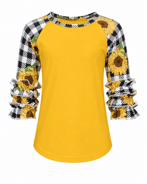 ILTEX Apparel Kids Clothing Sunflower Plaid Black White Ruffle Raglan Kids