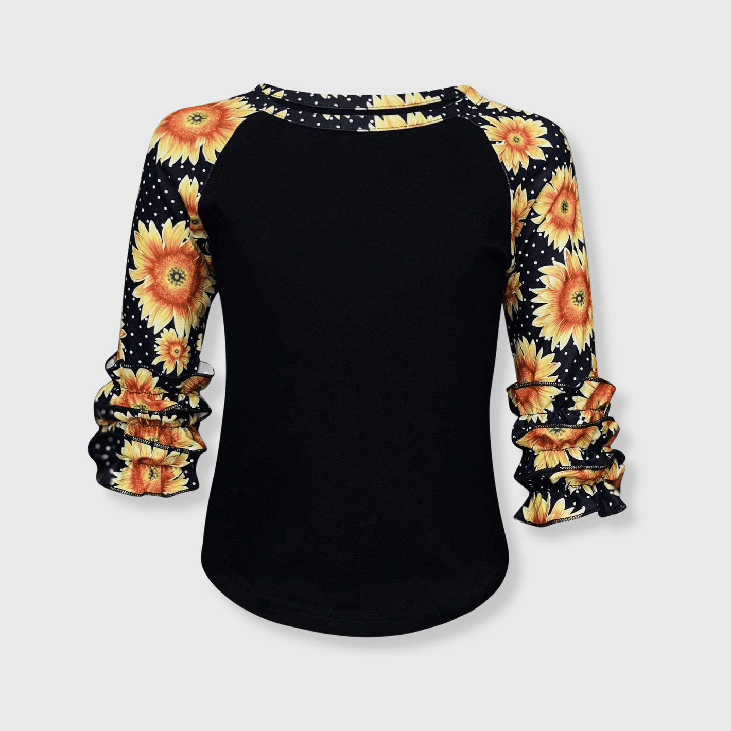 ILTEX Apparel Kids Clothing Sunflower Polka Dot Black Ruffle Raglan Kids