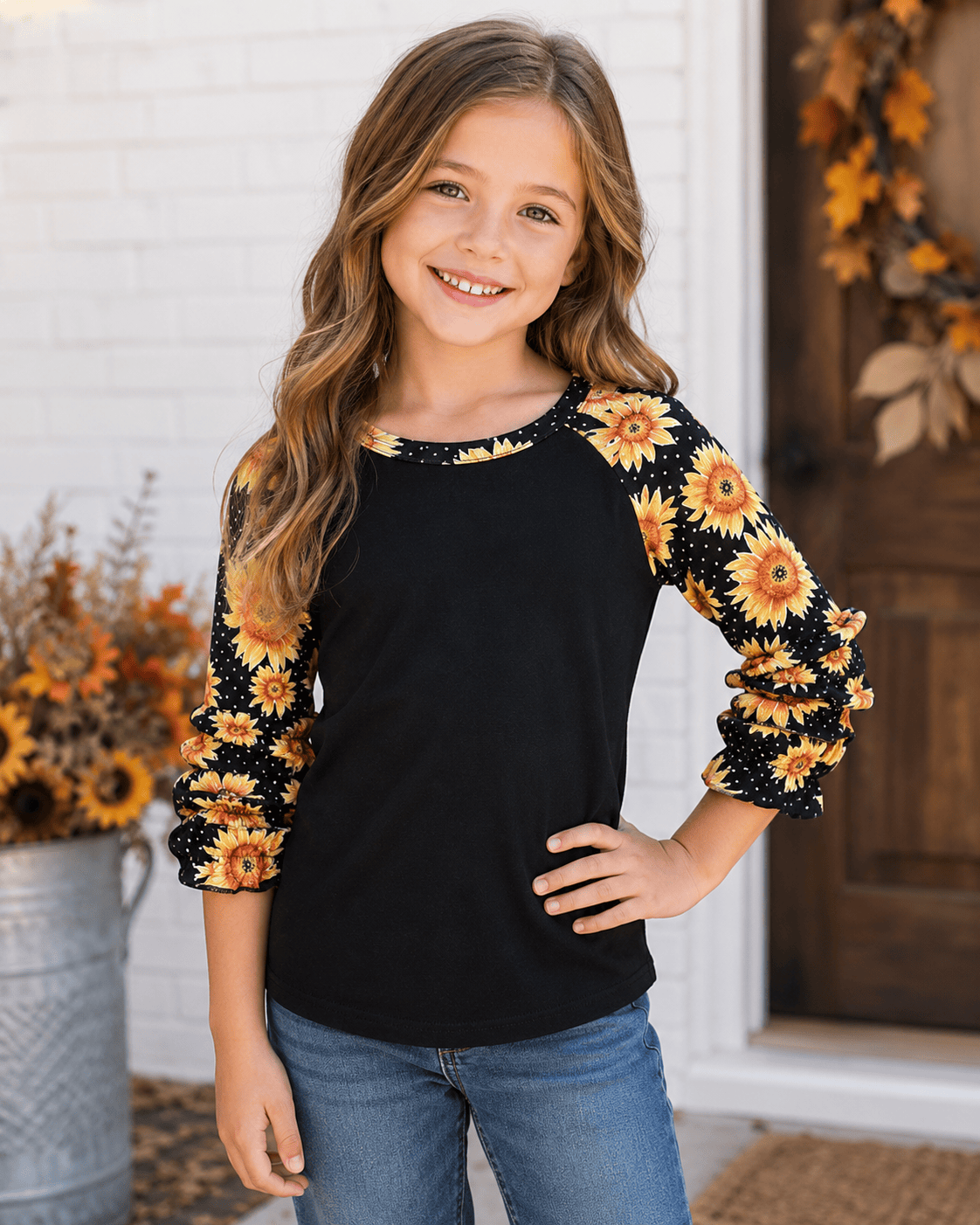 ILTEX Apparel Kids Clothing Sunflower Polka Dot Black Ruffle Raglan Kids