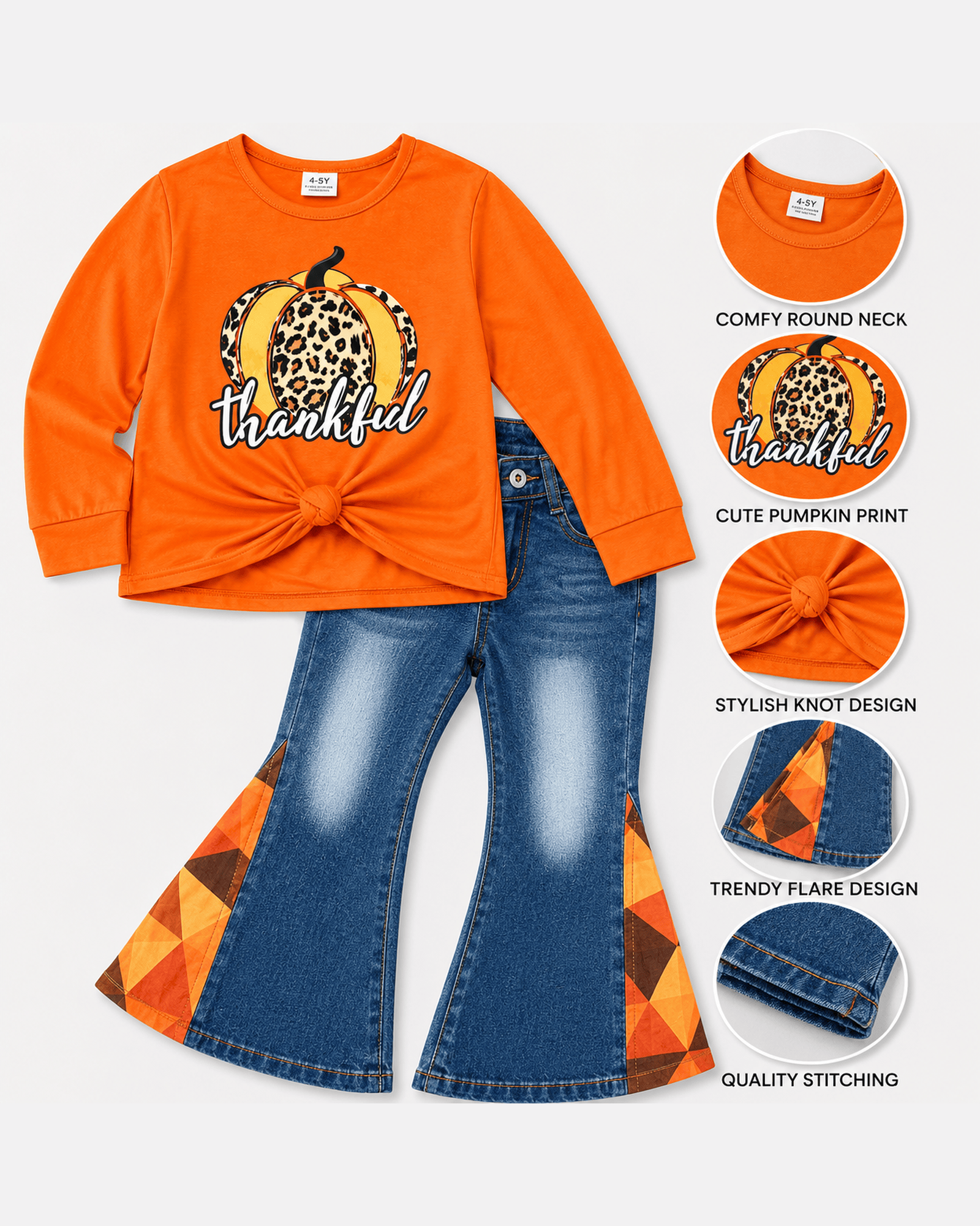 ILTEX Apparel Kids Clothing Thankful Orange Pumpkin Denim Outfit Kids