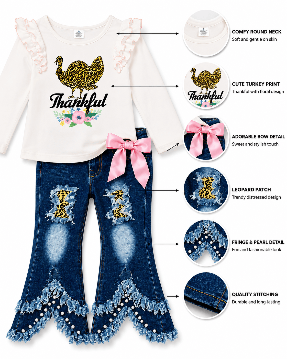 ILTEX Apparel Kids Clothing Turkey Thanksgiving Light Pink Denim Outfit Kids