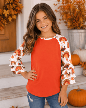 ILTEX Apparel Kids Clothing Turkey Thanksgiving Orange Ruffle Top