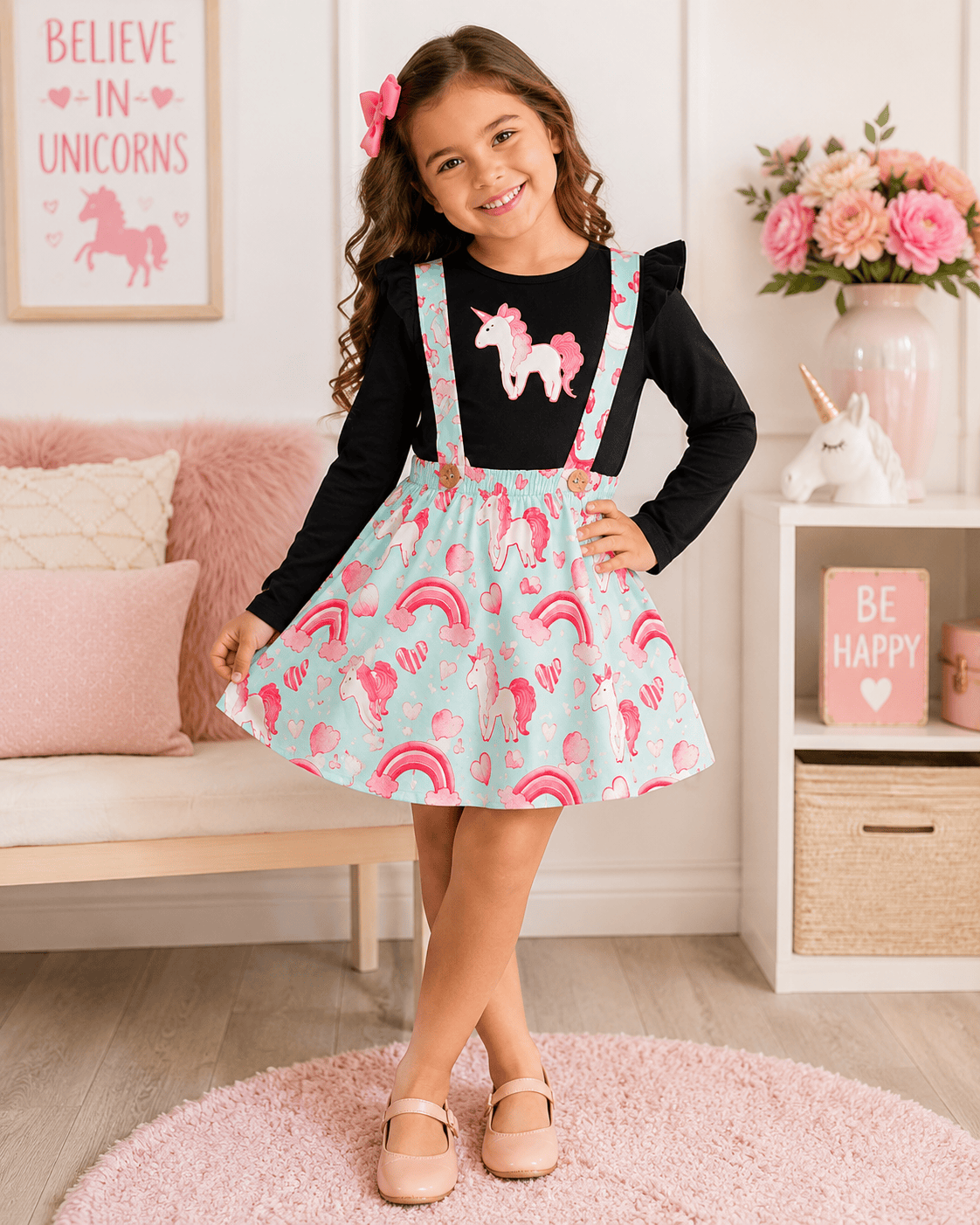 ILTEX Apparel Kids Clothing Unicorn Soft Suspender Black Skirt Set