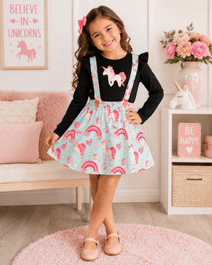 ILTEX Apparel Kids Clothing Unicorn Soft Suspender Black Skirt Set
