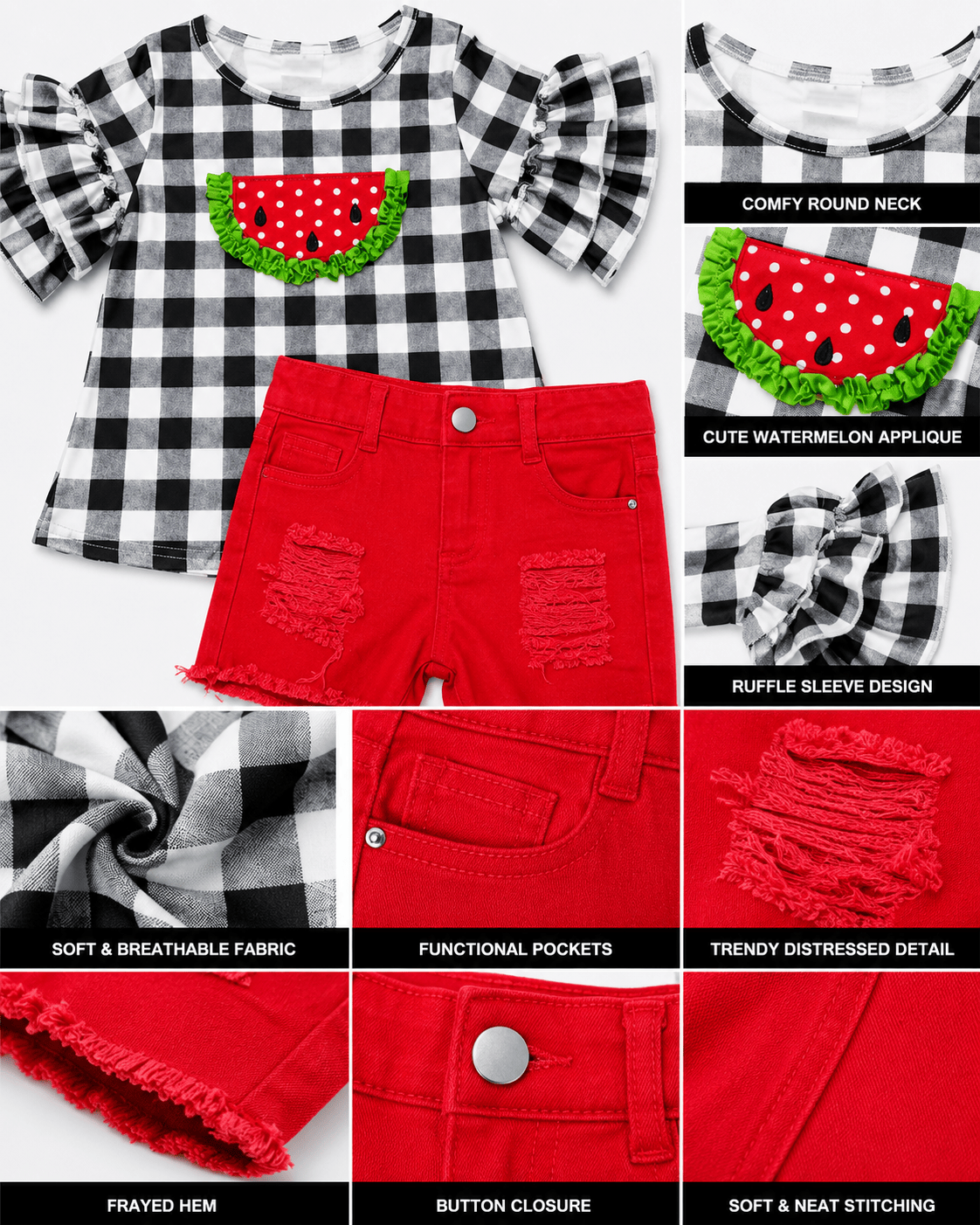 ILTEX Apparel Kids Clothing Watermelon Checkered Red Shorts Outfit