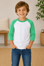 ILTEX Apparel Kids Clothing White/Kelly Green / 6 Months Kids 3/4 Sleeve Raglan Baseball T-Shirt – 25+ Colors