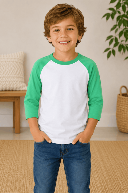 ILTEX Apparel Kids Clothing White/Kelly Green / 6 Months Kids 3/4 Sleeve Raglan Baseball T-Shirt – 25+ Colors