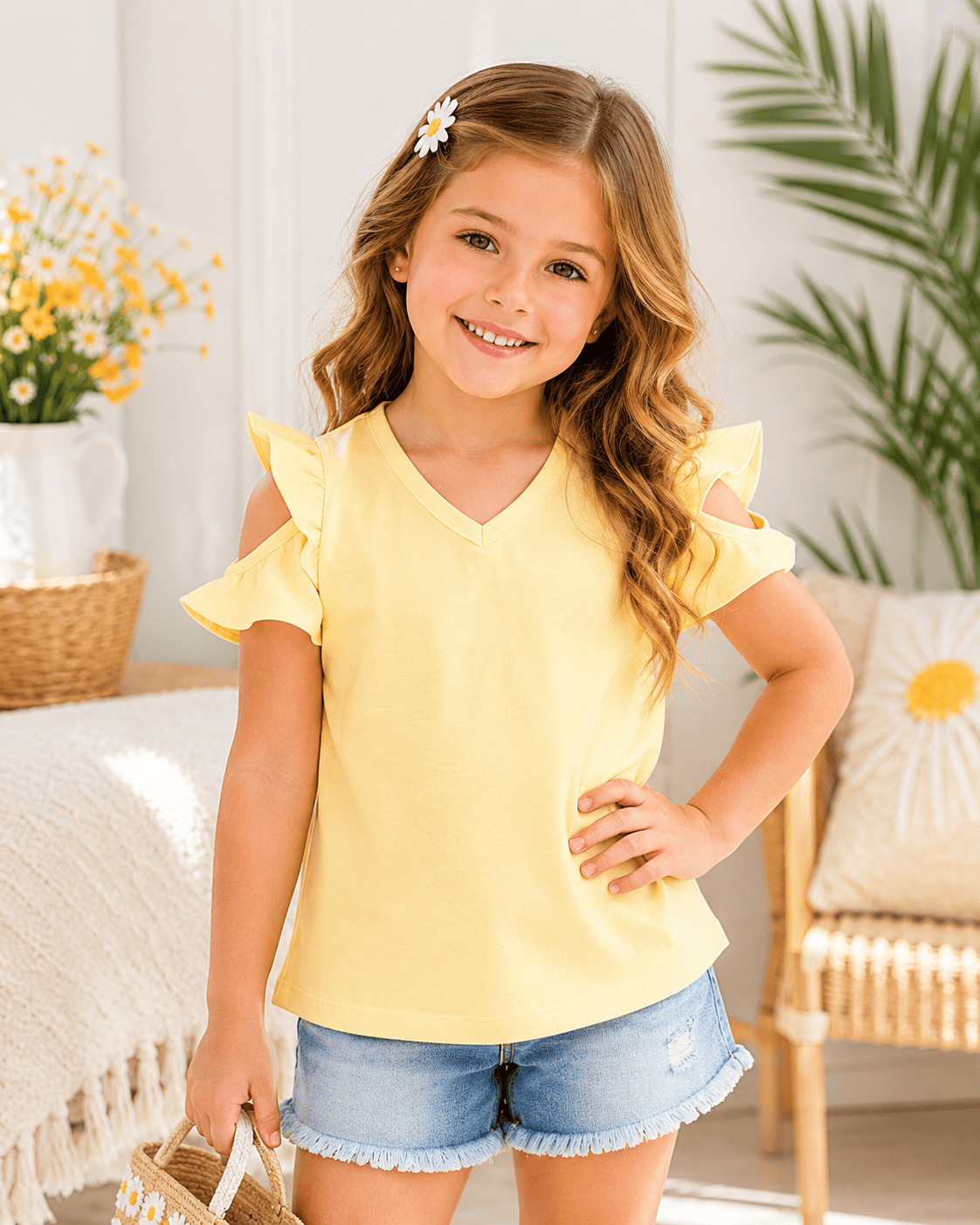 ILTEX Apparel Kids Clothing Yellow / 1-2 years Cold Shoulder Ruffled Top Kids