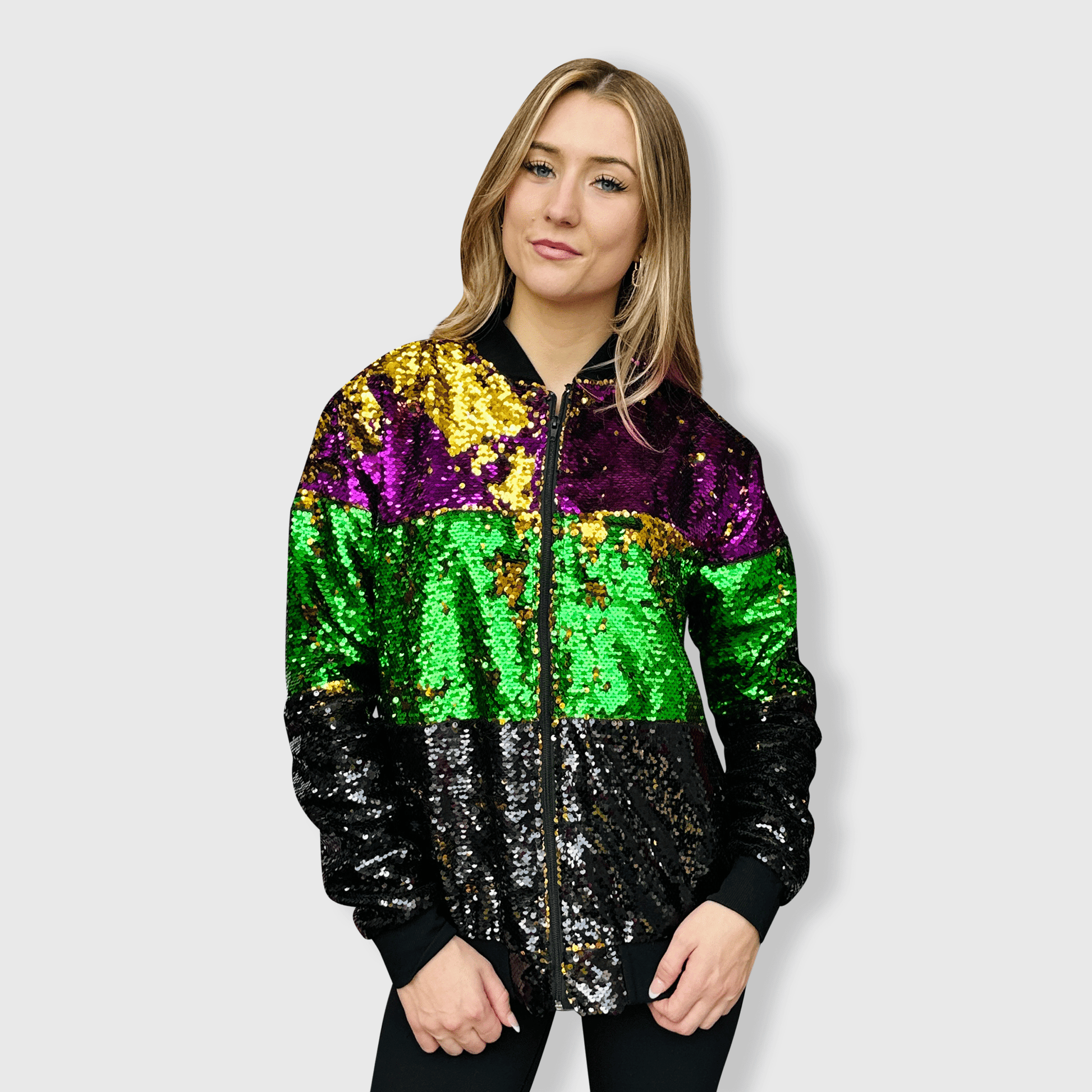 ILTEX Apparel Mardi Gras Color Block Sequin Bomber Jacket