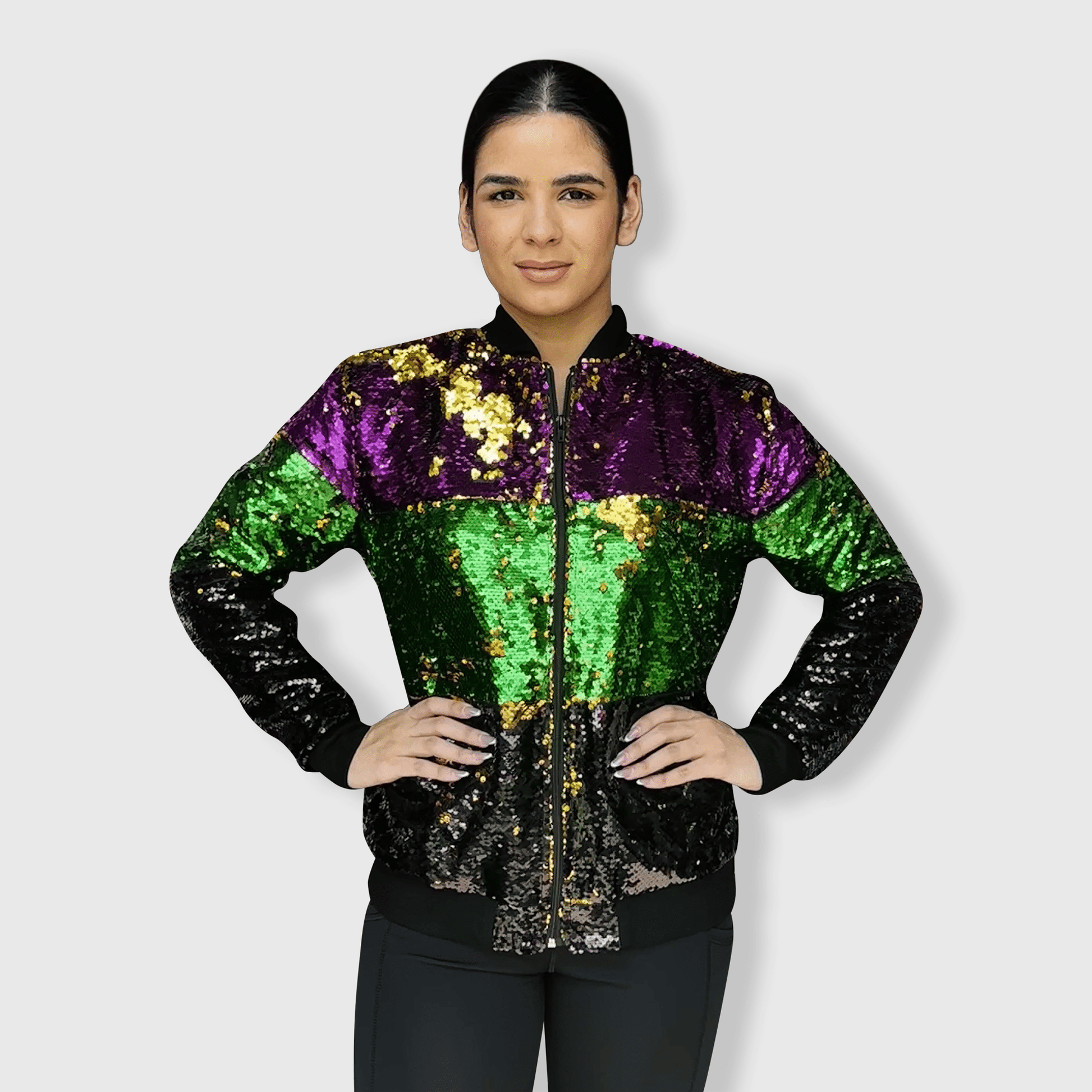 ILTEX Apparel Mardi Gras Color Block Sequin Bomber Jacket