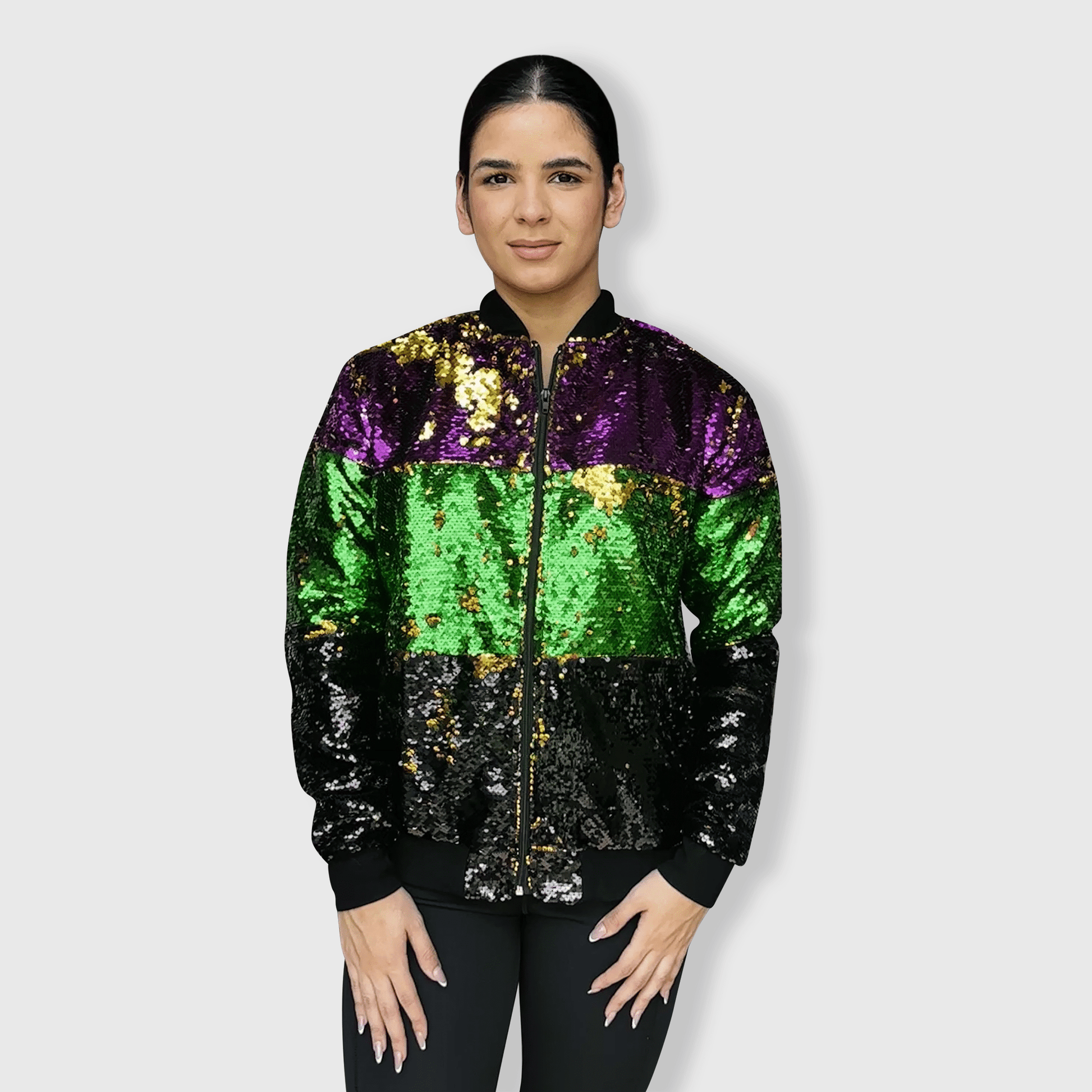 ILTEX Apparel Mardi Gras Color Block Sequin Bomber Jacket