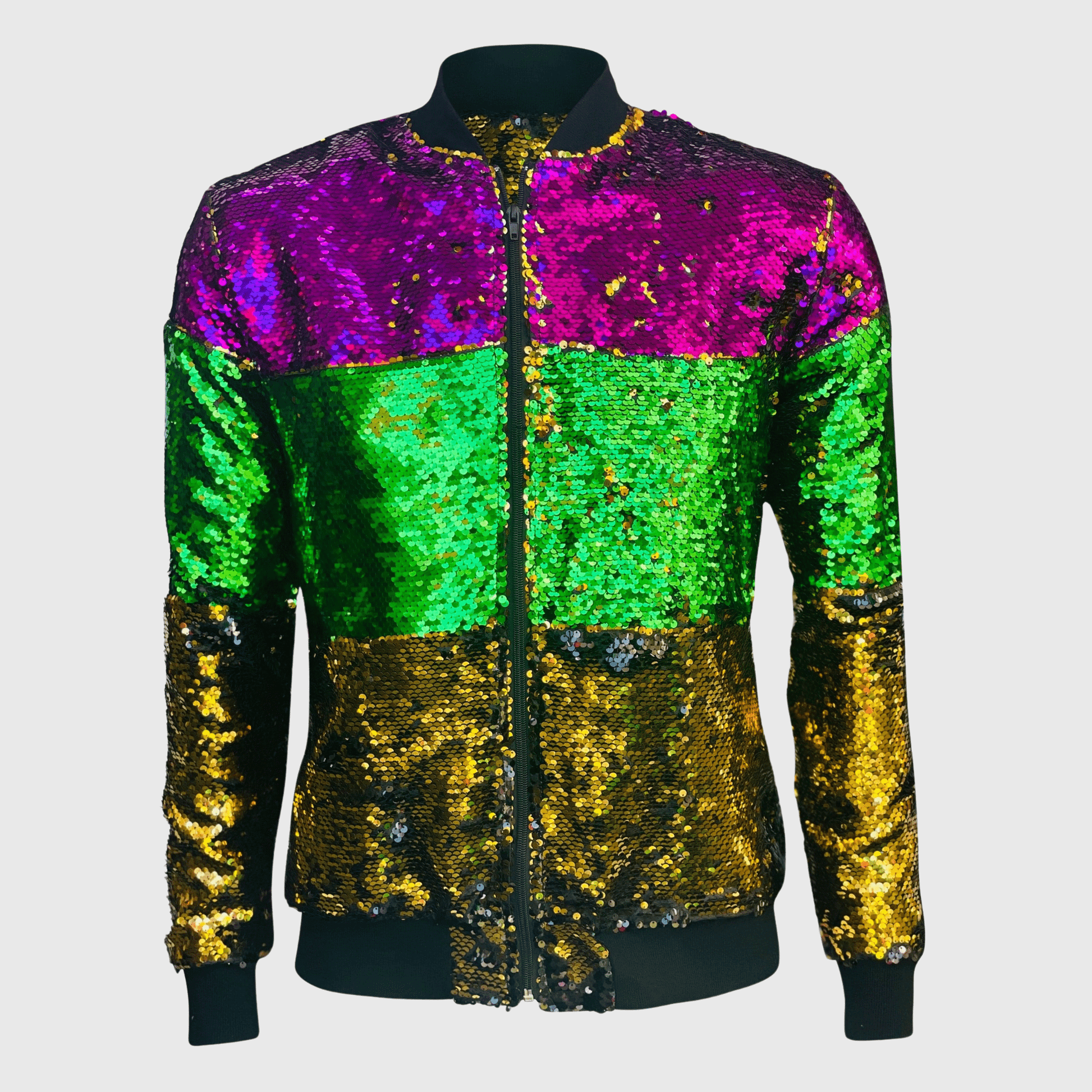 ILTEX Apparel Mardi Gras Color Block Sequin Bomber Jacket