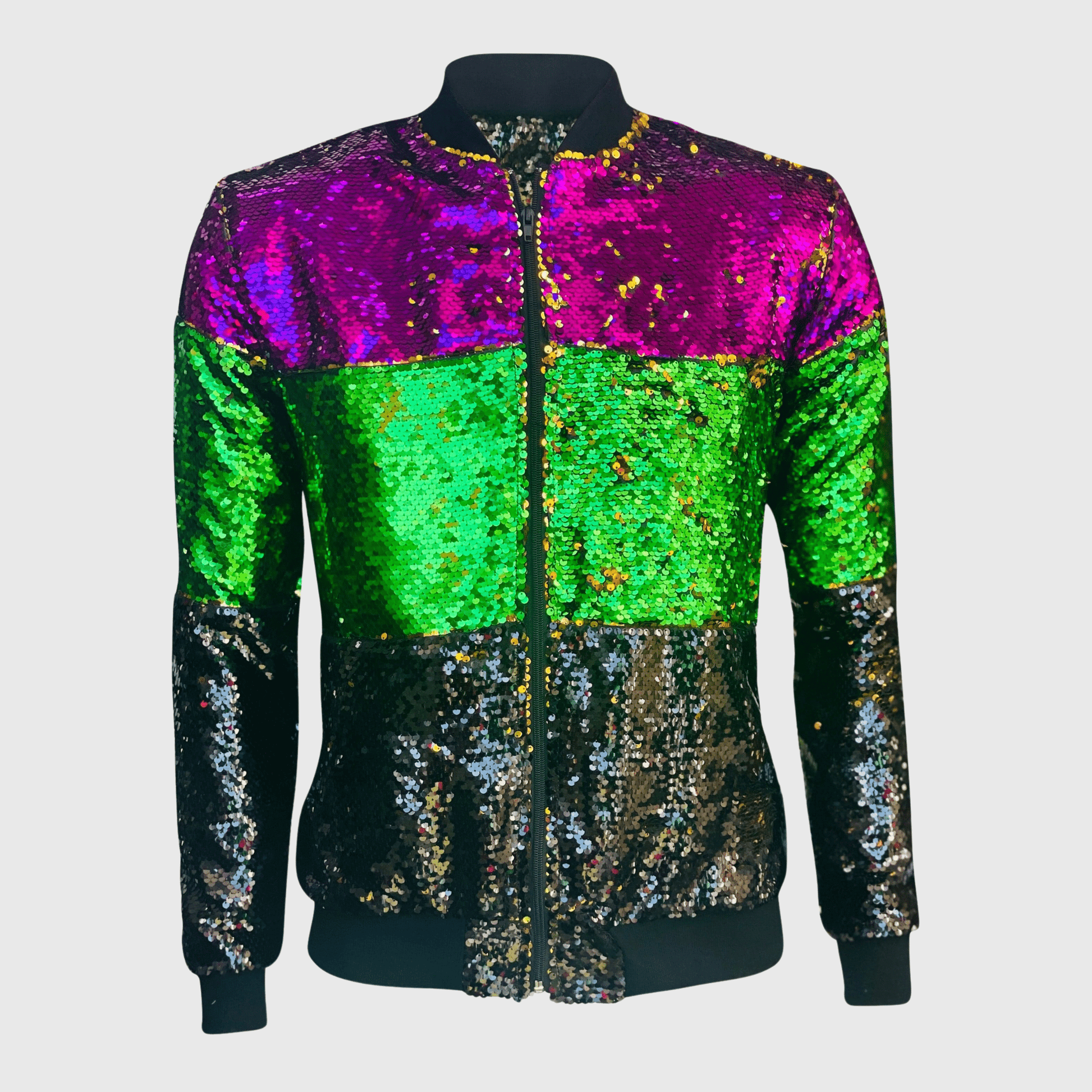 ILTEX Apparel Mardi Gras Color Block Sequin Bomber Jacket