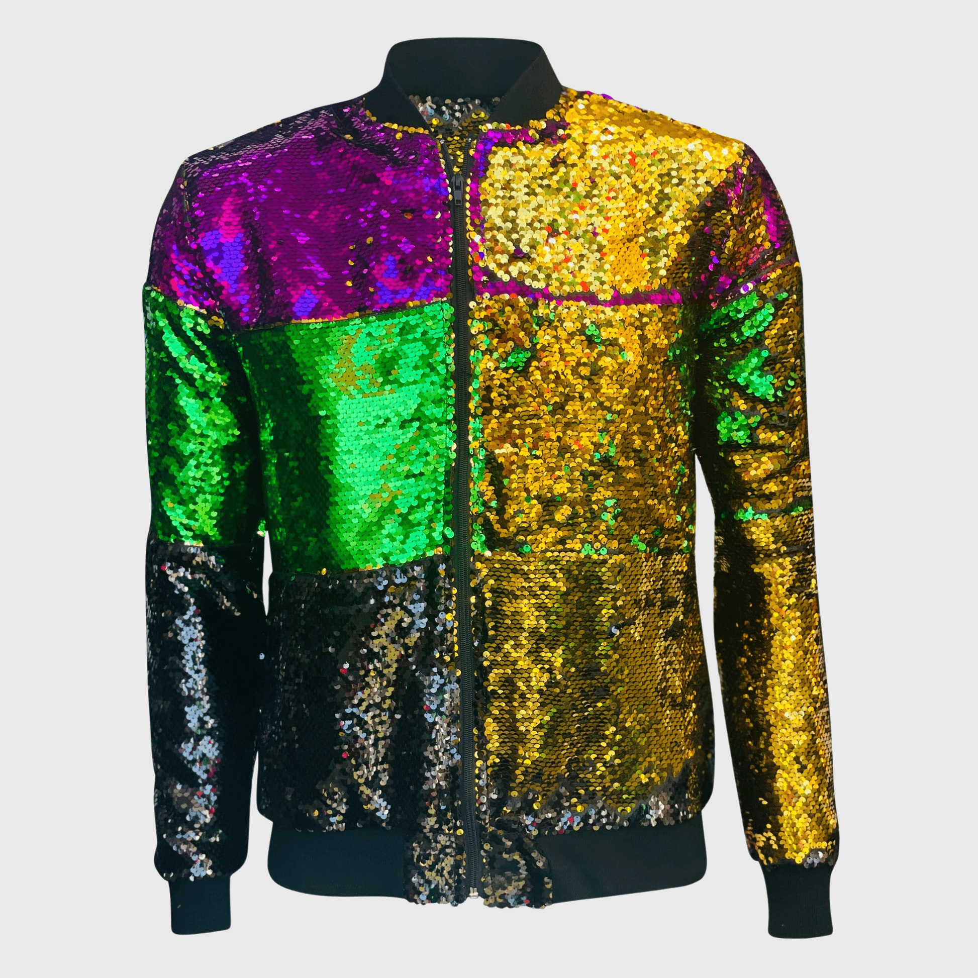 ILTEX Apparel Mardi Gras Color Block Sequin Bomber Jacket