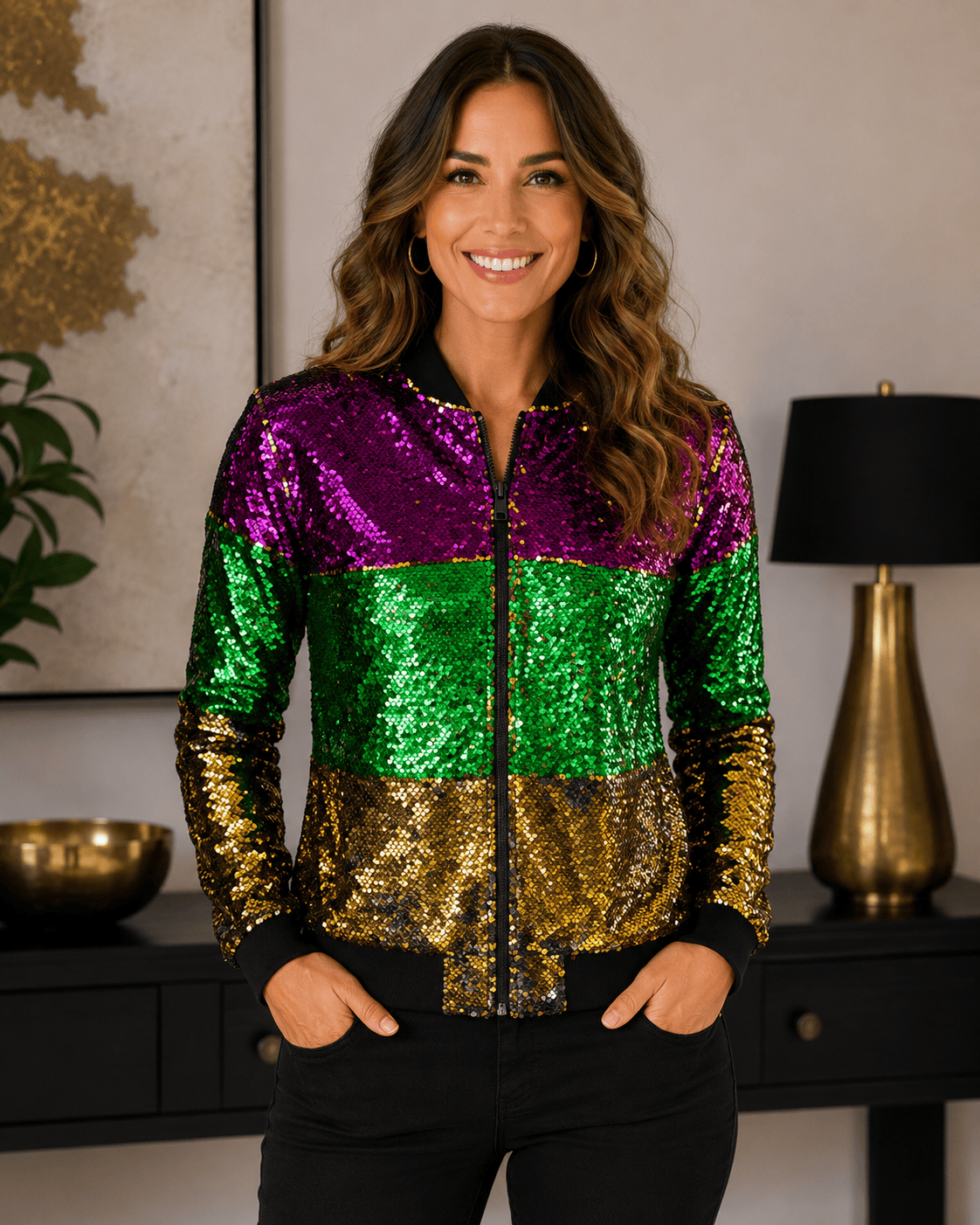ILTEX Apparel Mardi Gras Color Block Sequin Bomber Jacket