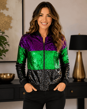 ILTEX Apparel Mardi Gras Color Block Sequin Bomber Jacket