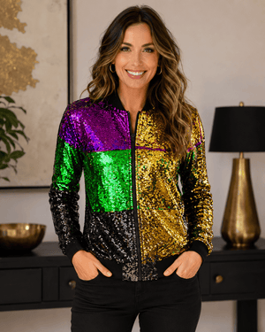ILTEX Apparel Mardi Gras Color Block Sequin Bomber Jacket