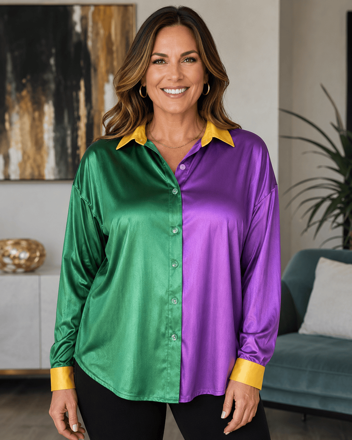 ILTEX Apparel Mardi Gras Metallic Button Down Top