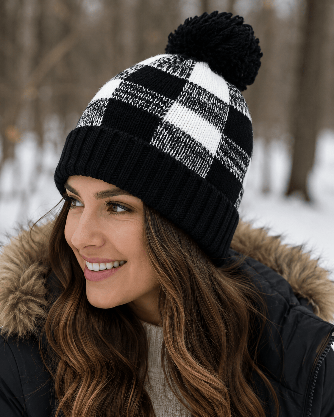 ILTEX Apparel Plaid Black Pom Pom Beanie