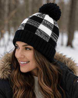 ILTEX Apparel Plaid Black Pom Pom Beanie