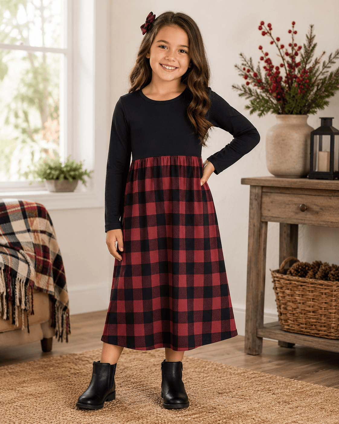 ILTEX Apparel Plaid Red Black Long Sleeve Maxi Dress Kids