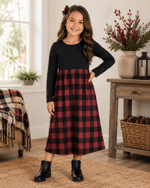 ILTEX Apparel Plaid Red Black Long Sleeve Maxi Dress Kids