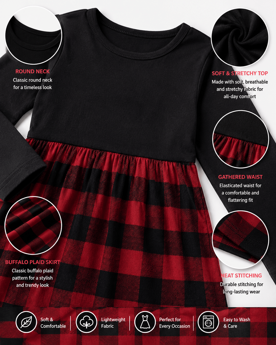 ILTEX Apparel Plaid Red Black Long Sleeve Maxi Dress Kids