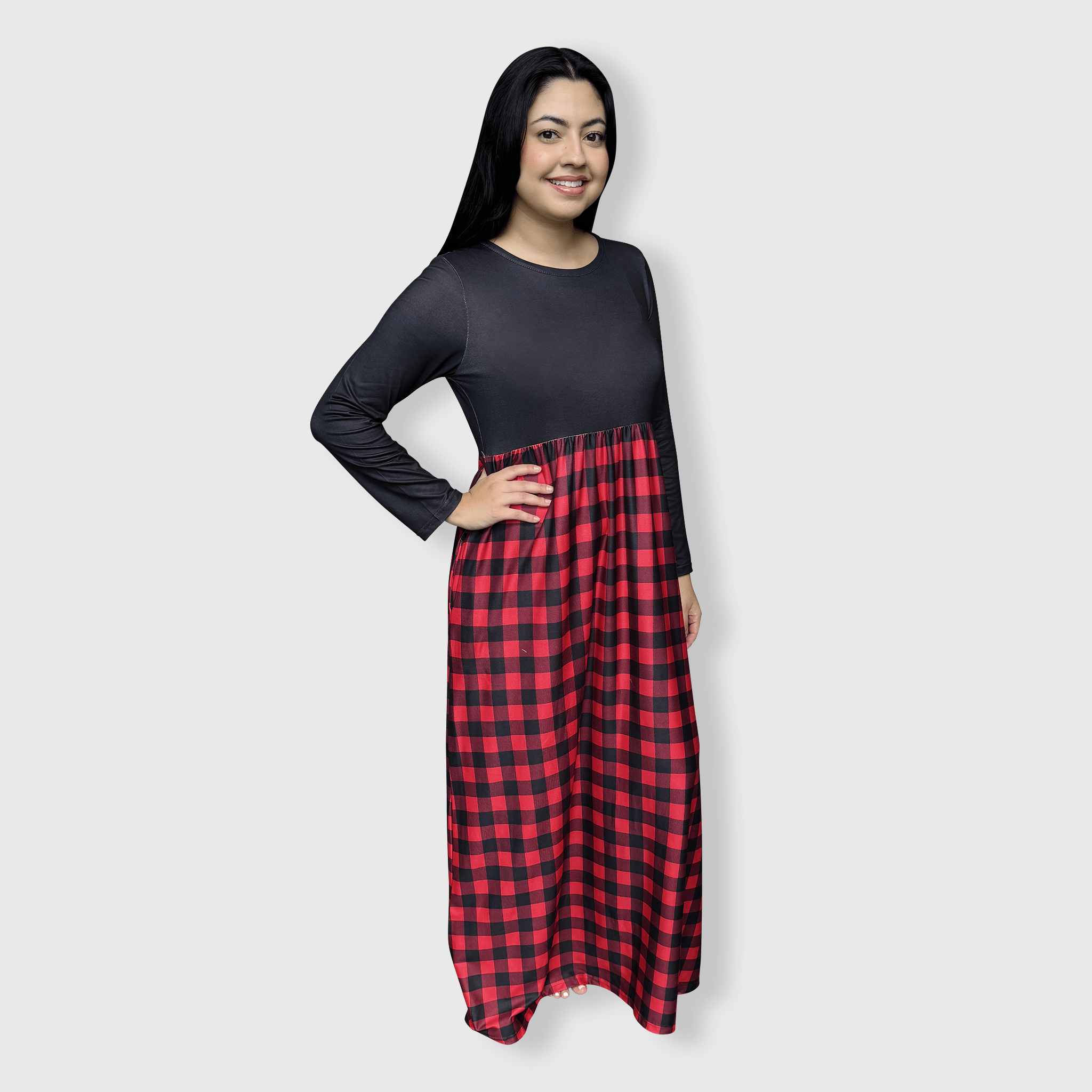 Plaid Red Black Long Sleeve Maxi Dress Women | ILTEX Apparel Plaid Red Black Long Sleeve Maxi Dress Women | ILTEX Apparel
