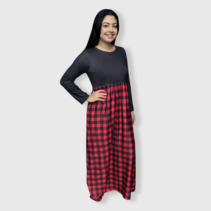 ILTEX Apparel Plaid Red Black Long Sleeve Maxi Dress Women