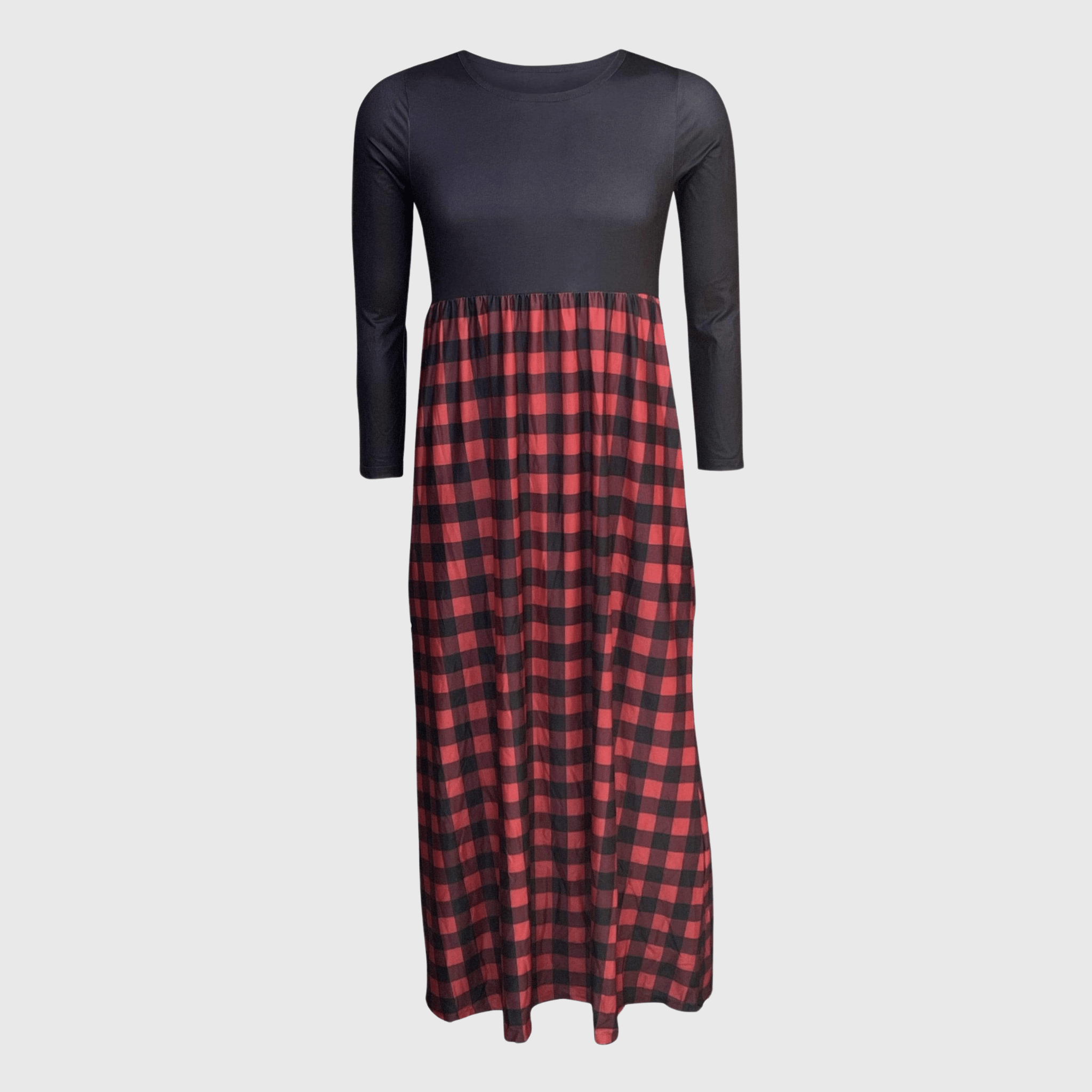 open lace back dress Plaid Red Black Long Sleeve Maxi Dress Women