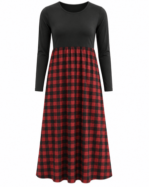 ILTEX Apparel Plaid Red Black Long Sleeve Maxi Dress Women