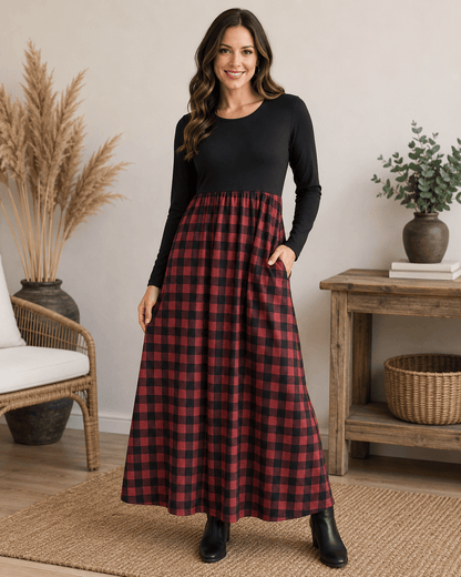 ILTEX Apparel Plaid Red Black Long Sleeve Maxi Dress Women
