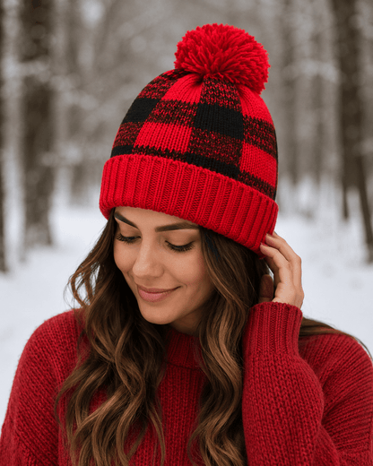ILTEX Apparel Plaid Red Pom Pom Beanie