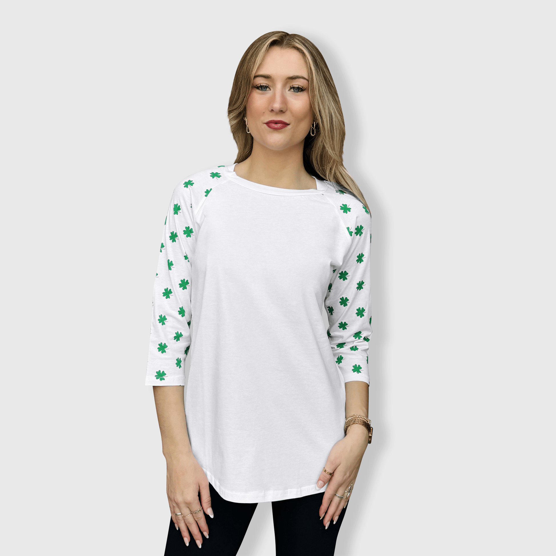 ILTEX Apparel Printed Raglans St. Patricks White Shamrock Top
