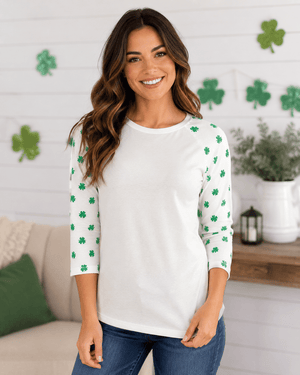 ILTEX Apparel Printed Raglans St. Patricks White Shamrock Top