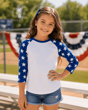 ILTEX Apparel Printed Raglans White/Royal Blue Star / Y-Small Star Sleeve Raglan Youth