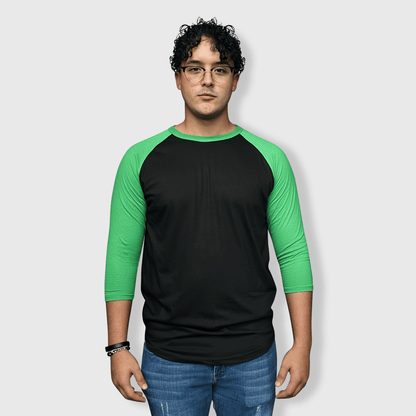 ILTEX Apparel Raglan Black/Kelly Green / Small Adult Plain Raglan 3/4 T-Shirt - Black Body