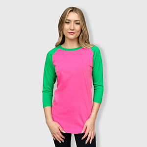 ILTEX Apparel Raglan Pink/Green / Small Adult Plain Raglan 3/4 T-Shirt - Pink Body