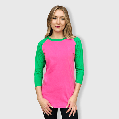 ILTEX Apparel Raglan Pink/Green / Small Adult Plain Raglan 3/4 T-Shirt - Pink Body