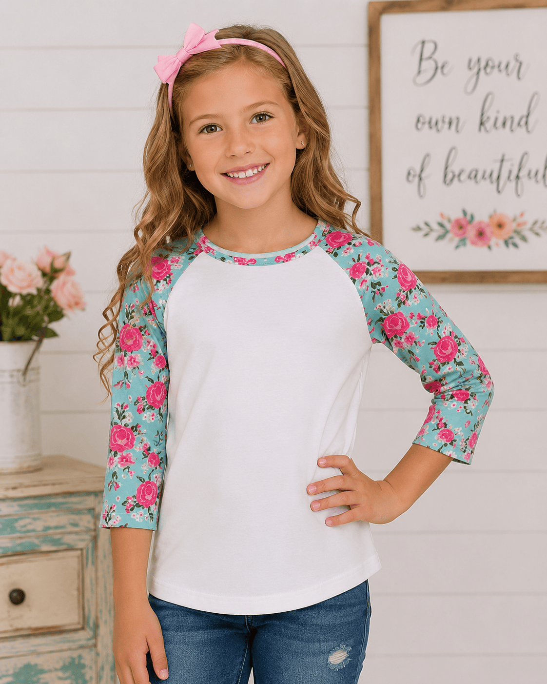 ILTEX Apparel Ruffle Raglan Floral White Top Kids