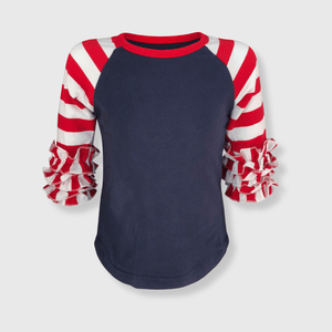 ILTEX Apparel Ruffle Raglan July 4th Striped Navy Red White Ruffle Top Kids