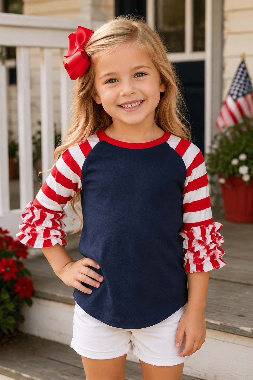 ILTEX Apparel Ruffle Raglan July 4th Striped Navy Red White Ruffle Top Kids