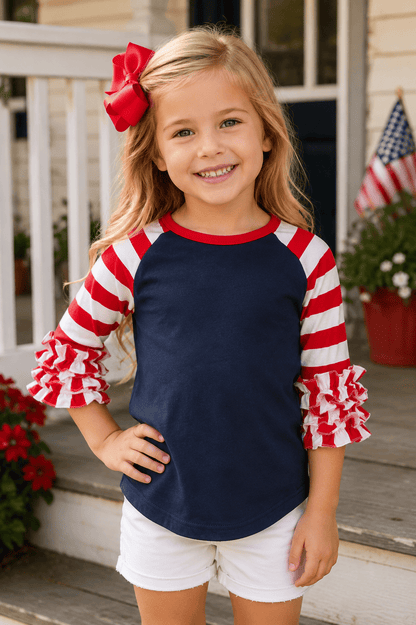 ILTEX Apparel Ruffle Raglan July 4th Striped Navy Red White Ruffle Top Kids